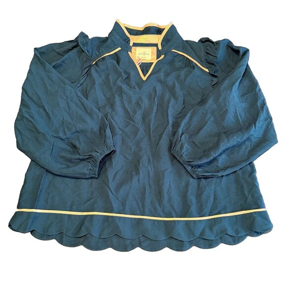Umgee Tops - Umgee Long Sleeve Ruffled Collar Blouse Women’s Large Top Forest Green, Gold NWT